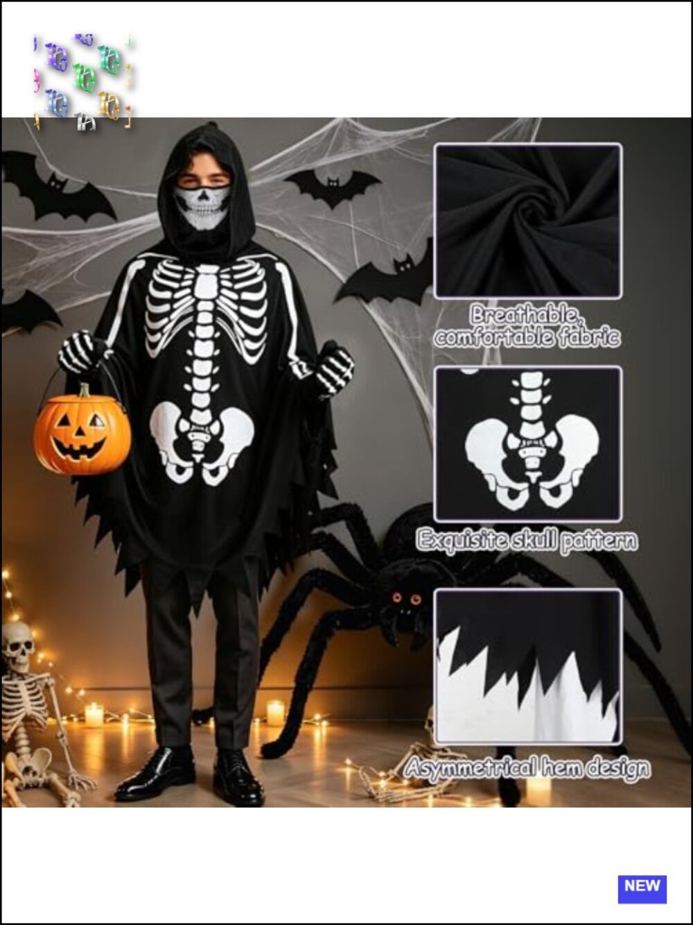 Skeleton Halloween Costume Set Women Poncho Gloves Stockings Mask - Picture 4 of 6